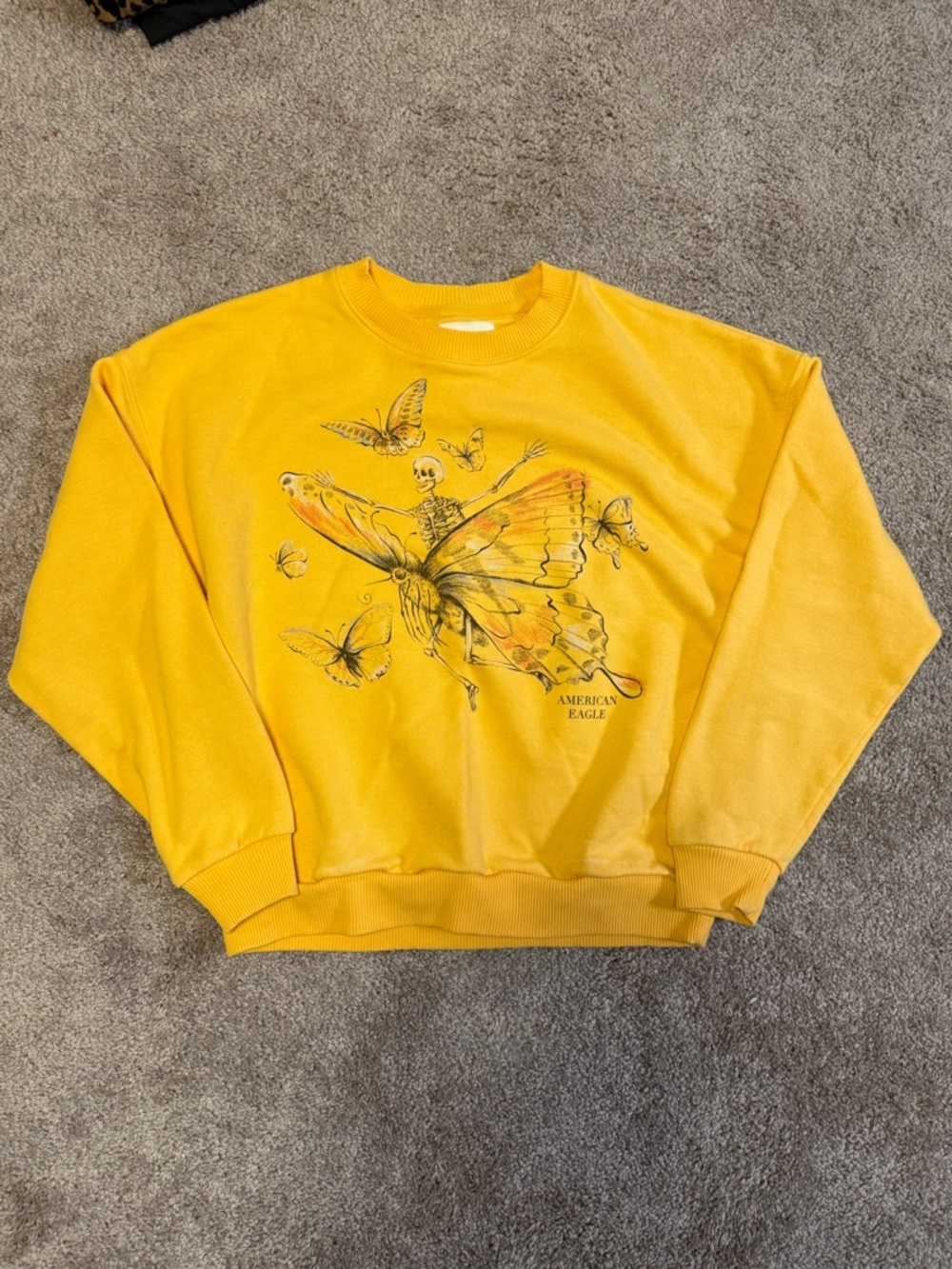 American Eagle Outfitters Yellow Butterfly & Skeleton Graphic Crewneck